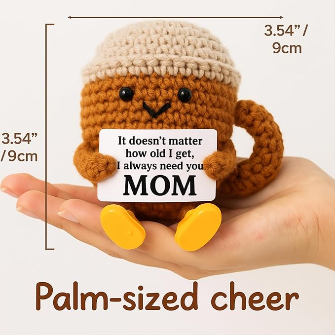 Christmas Birthday Gifts for Mom from Daughter Son Kids, Mothers Day Crochet Coffee Lover Gifts, Cute Funny Small Handmade Presents Meaningful Desk Decor