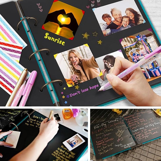 Photo Album DIY Scrapbook, 10x10 inch 50 Pages Vintage Leather Cover Three-Ring Binder Picture Booth Albums + 9 Colors 408pcs Self Adhesive Photos Corners for Personalized Memory Keep (Cyan)