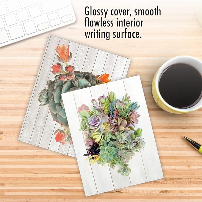 The Best Card Company - 10 Blank Note Cards with Envelopes (4 x 5.12 Inch) - Bulk All Occasion Cards Boxed - Shiplap Succulents AM6438OCB-B1x10
