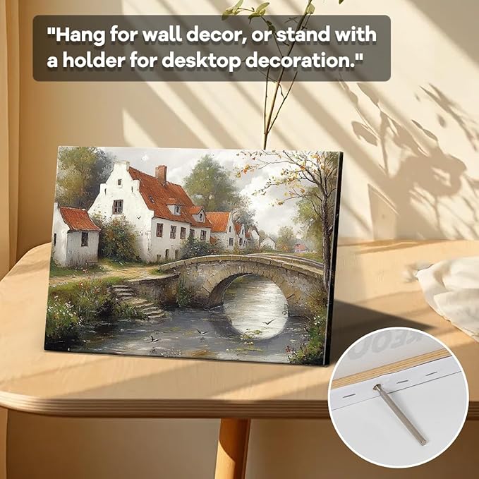 WOXZQ Rustic Countryside Bridge Wall Art – 15x12 Inch Vintage European Village Landscape Print – Frameless Laminated Paper – Hanging & Tabletop Display
