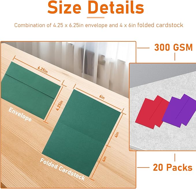 10 Assorted Colors Blank Cards and Envelopes 4 x 6 Heavyweight Folded Cardstock and A4 Printable Envelopes Self Seal 20 packs for Christmas, Wedding Invitations, Thank You Cards, Birthday