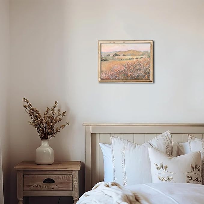 uniro Vintage Wall Art Prints Wildflower Farmhouse Wall Decor, Vintage Landscape Canvas Oil Painting Peach Pink Flowers Mounatin Artwork for Bedroom Nursery Decor (8" x 10"-UNFRAMED)