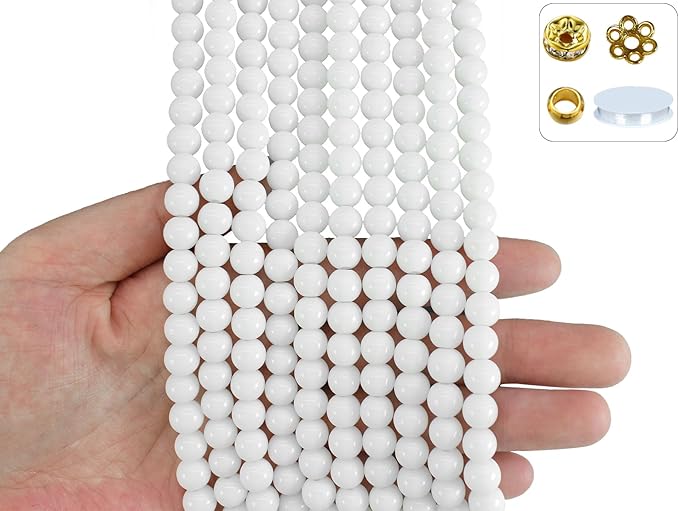 Pamir Tong 650PCS 8mm Snow White Glass Beads for Jewelry Making,Round Smooth Beads, Bracelet Space Loose Beads for Earring, Necklaces-Adult Craft Supplies