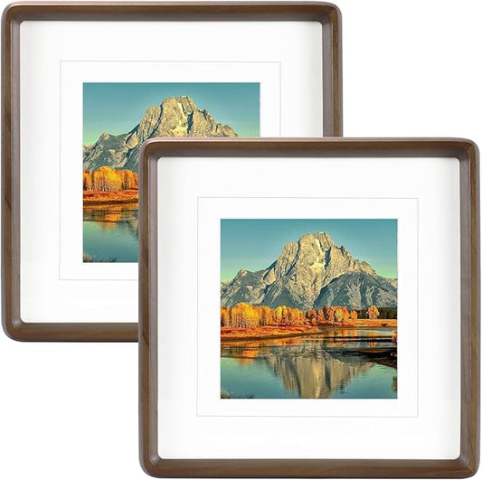 HELPLEX 10x10 Square Picture Frame – 2 Pack Solid Walnut Wood with Real Wood Back & HD Tempered Glass, Fits 6x6 or 8x8 Matted & 10x10 Unmatted Photos, Wall or Tabletop Display