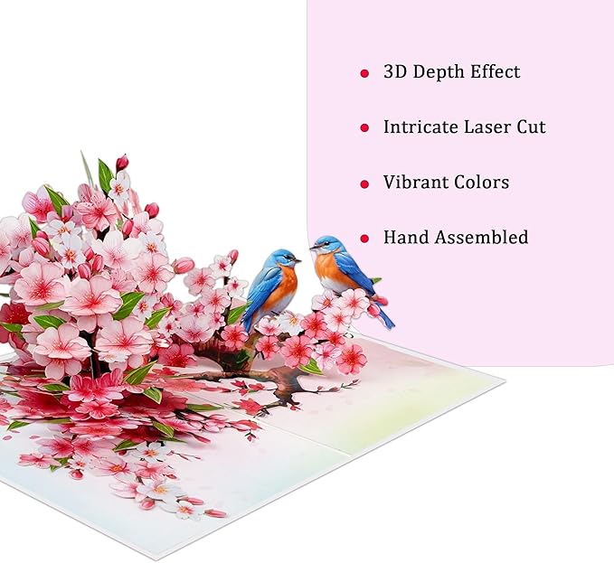Cherry Blossom Flower Greeting Cards Pop Up 3D Gift for Happy Birthday, Anniversary, Thank you, Robin Bird All Occasions Mom Wife Grandma Grand Parent Couples Men Women