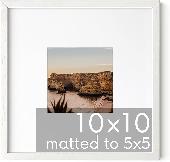 HAUS AND HUES White Oak Wood 10x10 Picture Frame - Square Frame Matted to 5x5, Modern White Frame for Wall Art and Photos (10x10 in, White, Set of 1)