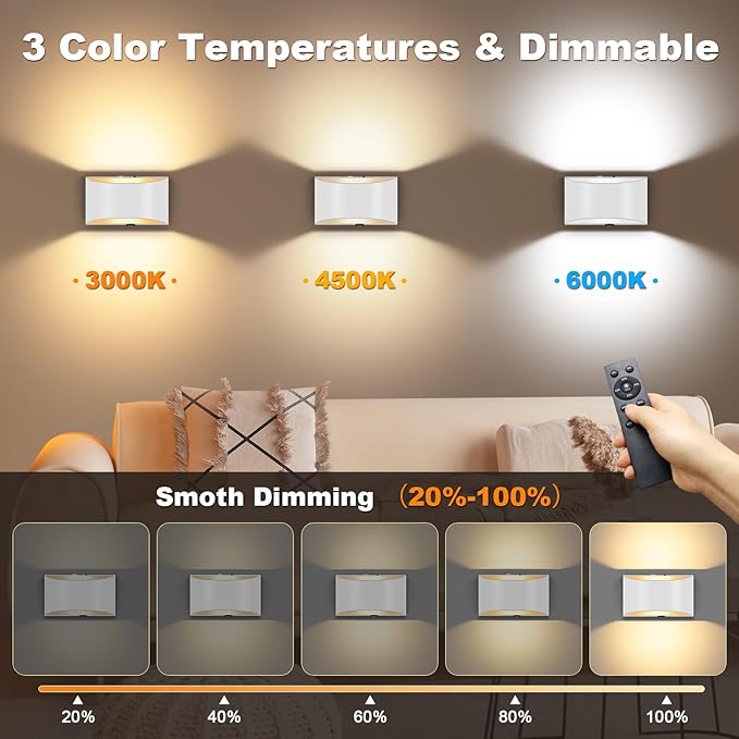 Battery Operated Wall Sconces Set of 2, White Rechargeable Wireless Remote & Touch Control Battery Wall Lights, 3 Color Temperatures, Timer Cordless Dimmable Light for Bedroom, Living Room, Hallway