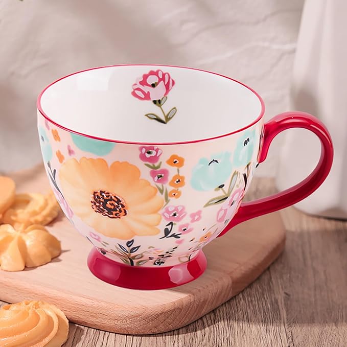 Autumn Handmade Large Ceramic Coffee Mug (20oz) Cute Cereal Vintage Flower Mugs Cozy Fall Gift Cup for Breakfast Oatmeal Tea & Hot Drinks with Floral Design