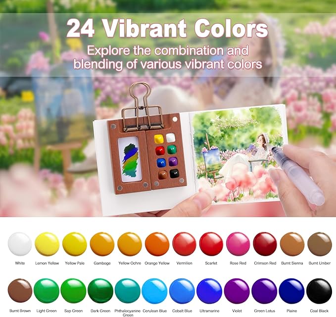 Mini Watercolor Travel Set, Tiny Watercolor Paint Set, Portable Mini Paint Kit with Walnut Wooden Box, SketchBook, Pen, Clip, Pocket Water Color Travel Kit for Painters Artists (24 Color, 15 Grids)
