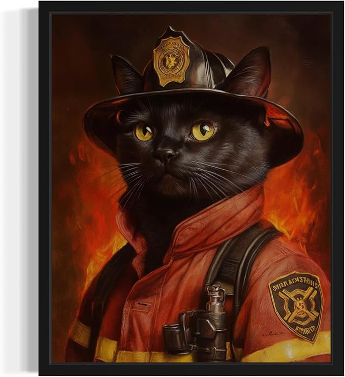 Firefighter Portrait Art Poster Print, Cat Kitten Painting Humor Pet Artwork Decor Gallery A8 (Firefighter Portrait, 16 x 20 inches, Black Frame)