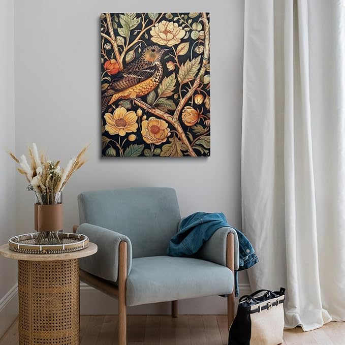 William Morris Wall Art,Dark Green William Morris Bird Print, Art Nouveau Wall Art,Floral Wall Decor,Botanical Pattern Print for Bedroom Living Room,Hallway,Home Decor 24x36in Large Frame