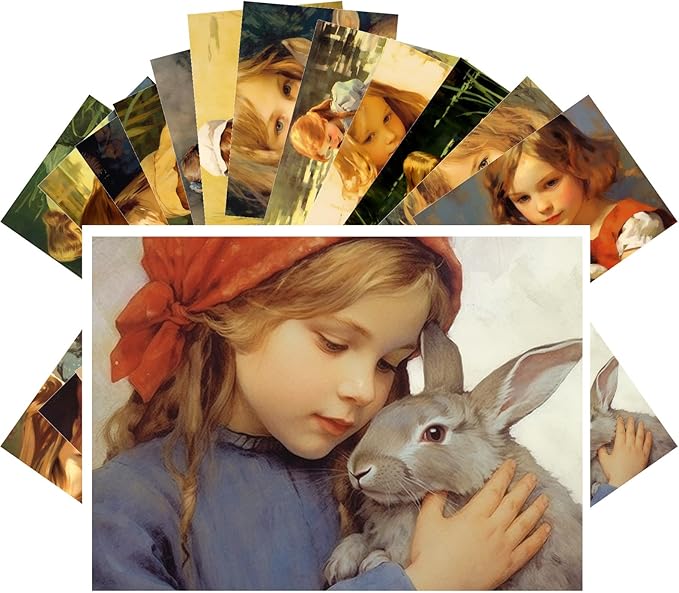 Vintage Postcards (24pcs 4"x6") Cherished Moments of Youth: A Tender Collection of Vintage Postcards Depicting Young Girls in Gentle Companionship with Rabbits and Ducklings, Echoing Innocence