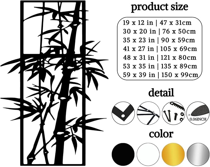 Metal Bamboo Wall Art, Bamboo Plants Decor, Vertical Modern Metal Wall Art, Nature Artwork, Chinese Decorations, House Warming Gifts New Home, Living Room Decor(Silver, 41 x 27 in | 105 x 69cm)