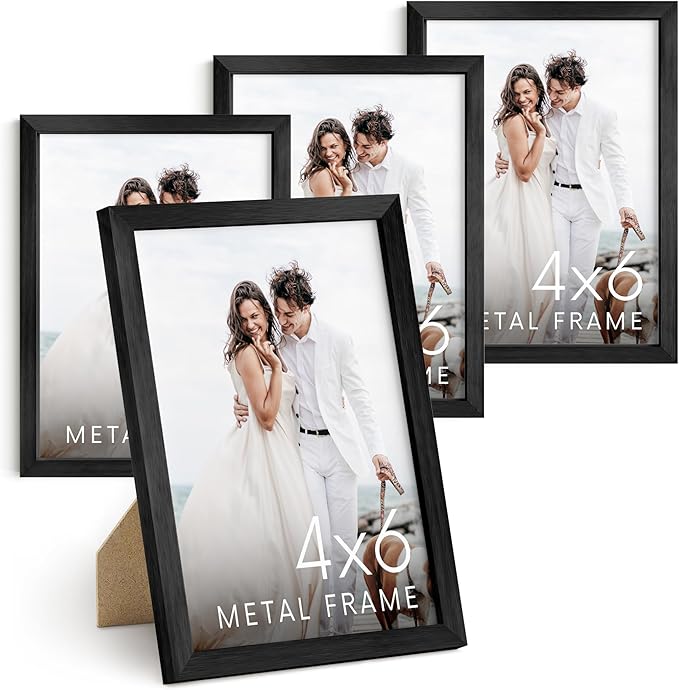 HAUS AND HUES 4x6 Black Metal Picture Frames - Black Frames 4X6 - Features Premium Aluminum, Vertical Hanging, Easel Back for Tabletop, Home, Office (4x6 in, Black, Set of 4)