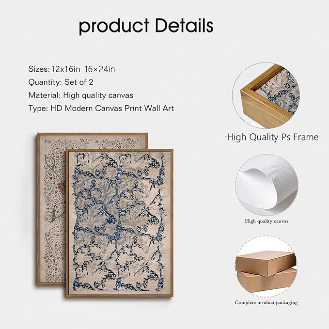 YOYIAXT 2 Pieces Boho Botanical Canvas Wall Art For Bedroom Vintage Floral Pattern Framed Wall Art Antique Neutral Flower Art Print Artwork For Office Living room, 16x24 in