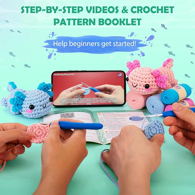 Crochetta Crochet Kit for Beginners, Crochet Starter Kit w Step-by-Step Video Tutorials, Easy Beginner Crochet Kit for Adults, Women & Men, Handmade DIY Gift Complete Kit Included (Axolotl 2Pack)