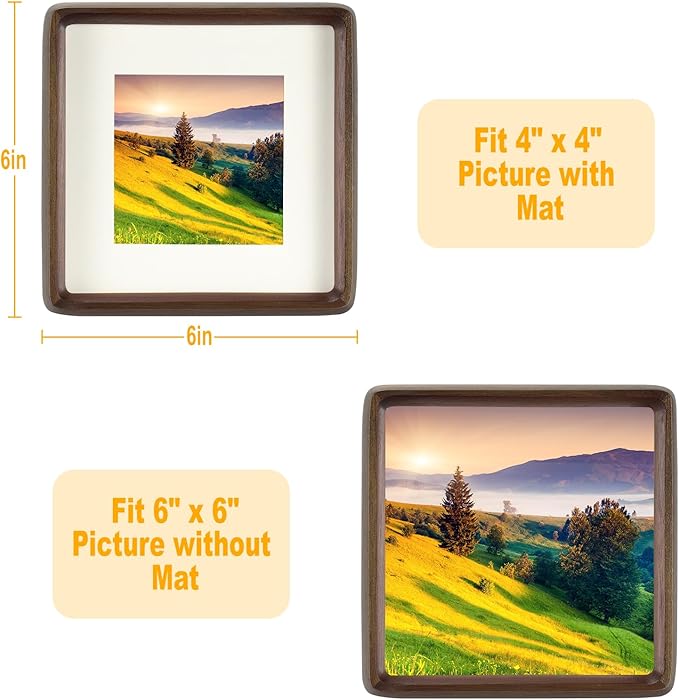 HELPLEX 6x6 Matted to 4x4 Square Picture Frame Set of 2 - Natural Walnut Wood with HD Tempered Glass, Convertible Design for Wall or Tabletop Display - Art Gallery & Luxury Home Office Decor