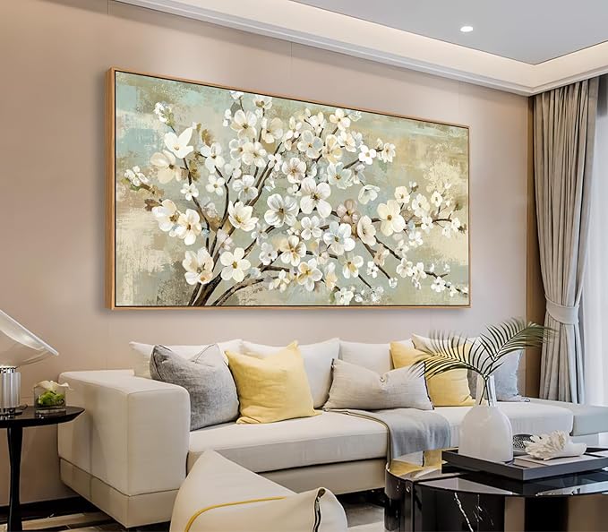 arteWOODS Flowers Framed Wall Art - Beige Flower Branches Canvas Pictures Wall Decor Rustic Brown Botanical Painting Artwork Elegant Floral Prints for Living Room Bedroom 40 x 20in Natural Wood Frame