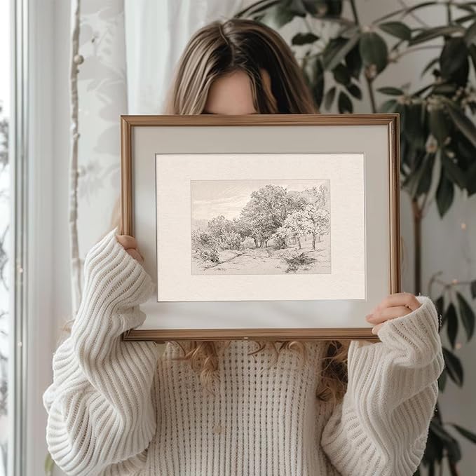 Uniro Neutral Wall Art for Home Decor, Farmhouse Landscape Tree Sketch Drawing Wall Decor, Rustic Nature Canvas Prints Antique Moody Neutral Landscape Oil Painting Vintage Art Pictures for Bedroom Bathroom Decor( 8" x 10"-UNFRAMED)