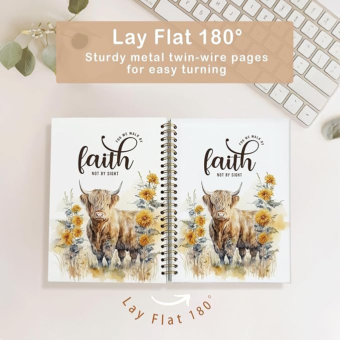 Bible Study Journal, Bible Notebook for Bible Notes, Christian Journals for Women, Highland Cow Gifts for Women,Walk by Faith Highland Cow Notebook Gifts Faith Journal 5.5x8.3