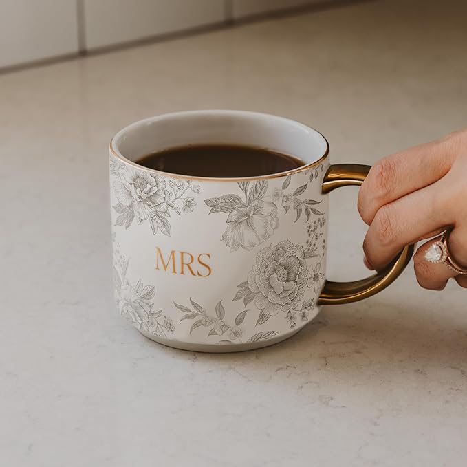 Sweet Water Decor Mrs Mug, 14oz Fine Bone China Coffee Cup with Gold Handle and Grey Delft Pattern, Bridal Shower Gift for Wedding Bride, Engagement & Newlyweds
