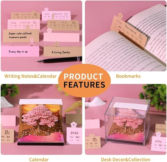 Time Piece Calendar 2026,3D Tree Tear-Away Memo Pad Creative Desk Calendars,3D Notepad Paper Carving Art Sticky Notes,3D Calendar 2026 Suitable for Room and Office Desktop Decoration