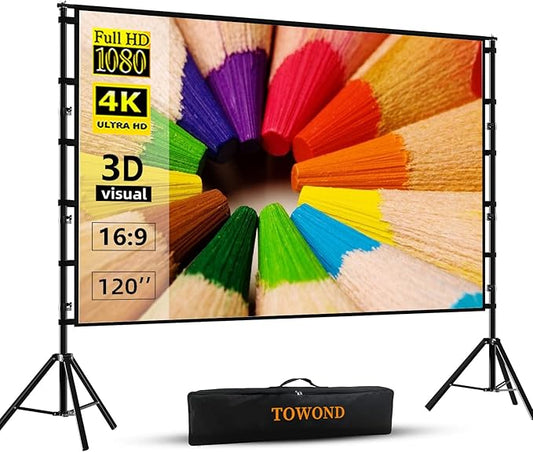 TOWOND Projector Screen and Stand, 120 inch Outdoor Projection Screen, Portable 16:9 4K HD Rear Front Movie Screen with Carry Bag Wrinkle-Free Design for Home Theater Backyard Cinema