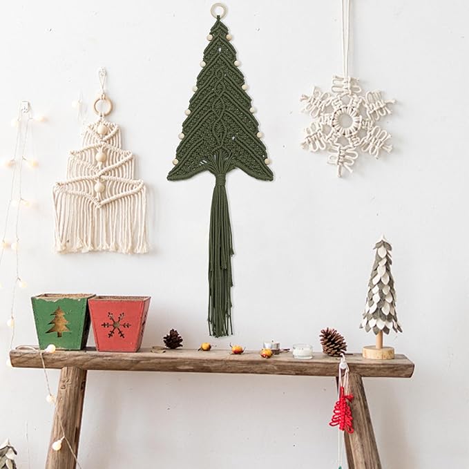 LB Macrame Christmas Tree Wall Hanging, Green Christmas Tree Wall Art Handmade Woven with Wood Beads Xmas Holiday Tapestry Funny Xmas Ornament for Bedroom Living Room Rustic Xmas Decor,10X31 Inch