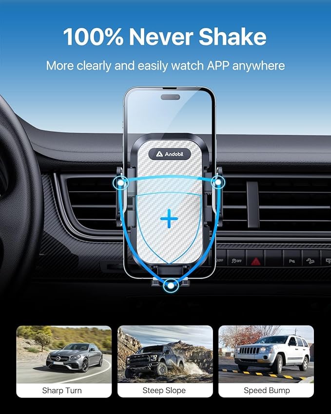 andobil Phone Holders for Your Car - Military Sturdy, Firmly Grip, Never Slip, Car Vent Phone Holder Mount, Phone Mount for Truck Compatible with iPhone 17 16 15 14 13 12 Pro Max Samsung S24, Sliver