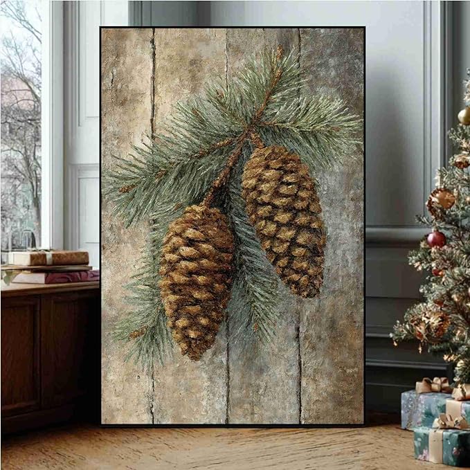 Vintage Christmas Canvas Painting Botanical Wall Art Nature Print Forest Decor Rustic Woodland Poste Holiday Evergreen Art Country Landscape Indoor Decor for Office Living Room Framed Ready to Hang