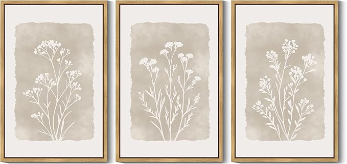 KUVIOKE Boho Botanical Flower Framed Wall Art Farmhouse Vintage Floral Wall Painting Rustic Wildflower Neutral Prints Artwork Home Decor 24x36in (Natural Framed)