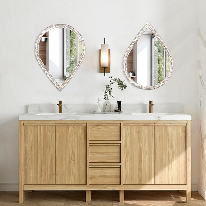 Farmhouse Wall Hanging Mirror Drop Shaped Mirror with Wood Framed Wall Mirror Vintage Decor for Bedroom Living Room Bathroom Entryway