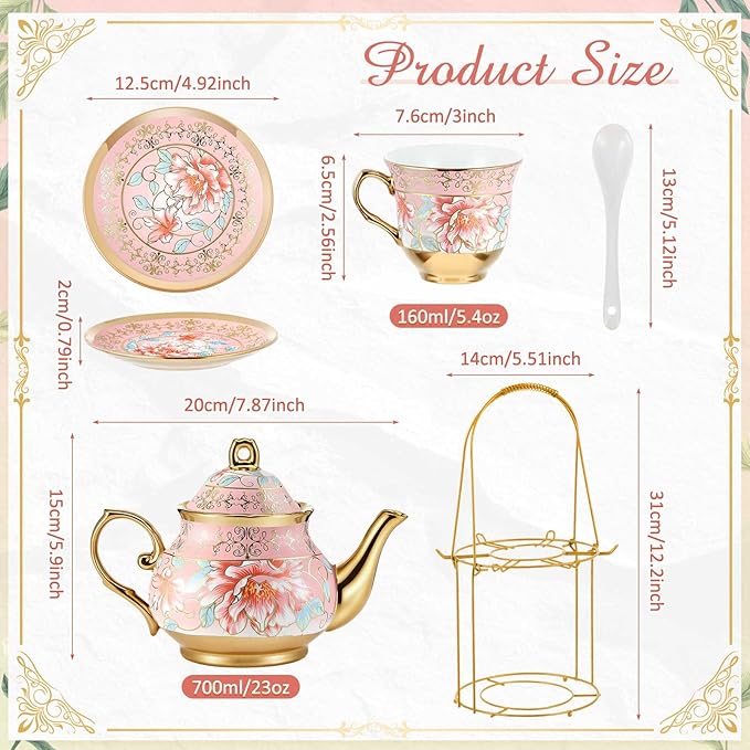 Zhehao 20 Pcs Porcelain Tea Set with Metal Holder and Spoon Adult Ceramic Tea Set European Flower Painting Teapot Cup Saucer Spoon for Women, Large Version (Pink Style)