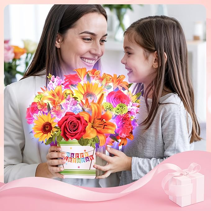 Birthday Cards, Happy Birthday Card for Women, 10Inch Life Sized Forever Sunflower Bouquet with Light and Music, 3D Popup Greeting Card Gift for Women Wife Mom Daughter Sister(Blank Notecard & Envelope)