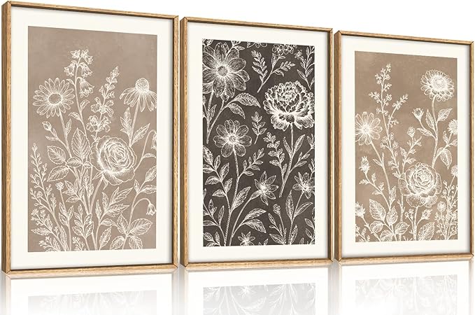 Vintage Flower Framed Canvas Wall Art Set,Modern Nature Wildflower Wall Decor, Neutral Brown Black Floral Art Prints,Natural Botanical Artwork for Living Room, Bedroom,Farmhouse- 24"x36"x3