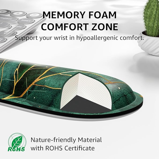 KTRIO Ergonomic Keyboard Wrist Rest, Memory Foam Mouse Pad with Wrist Rest for Computer Keyboard, Mouse Pad Set for Easy Typing & Pain Relief for Office & Home, Green Leaves