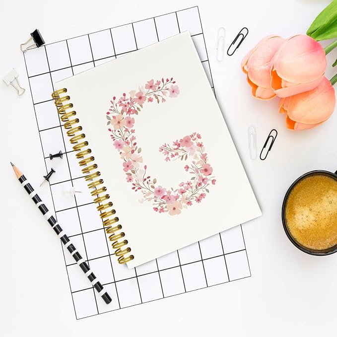 Pink Cute Spiral Notebook Journal, Preppy Floral Initial Letter G Personalized Journaling Notebooks, Monogrammed Gifts for Women Girls, Botanical Hardcover Spiral Lined Notebook 5.5 x 8.3