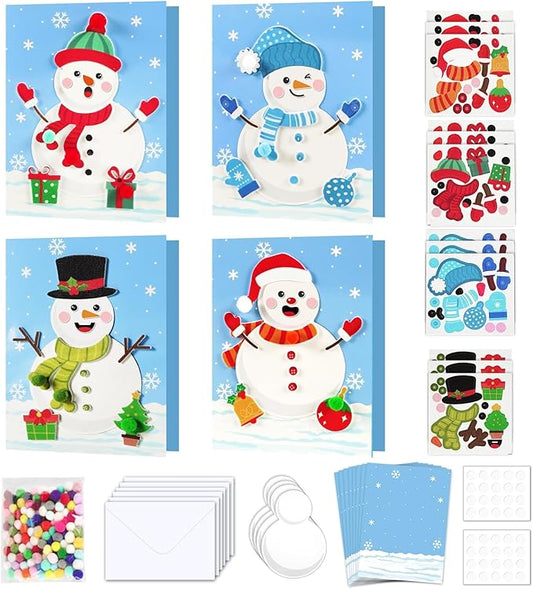 24 Sets Christmas Winter Card Making Craft Kit for Kids with Envelopes DIY 3D Snowman Cards Crafts Make Your Own Greeting Card Making Supplies for Holiday Xmas Party Home Classroom Decor Activities