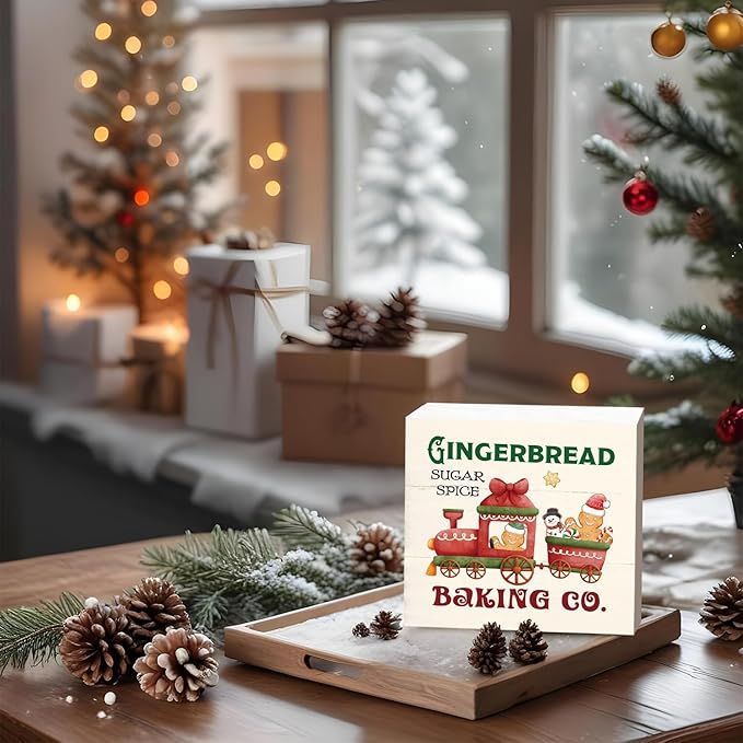 Gingerbread Christmas Decor Wooden Box Sign,Gingerbread Decorations for Kitchen, Christmas Decorations for Home Shelf Office Desk Decor,Holiday Gifts for Women 5x5