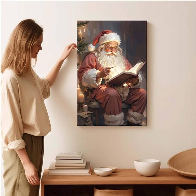 Framed Canvas Wall Art Vintage Christmas Wall Art Santa Writing Book Oil Painting Cottagecore Decor Academia Christmas Decor Winter Print 20x30in Wood Framed