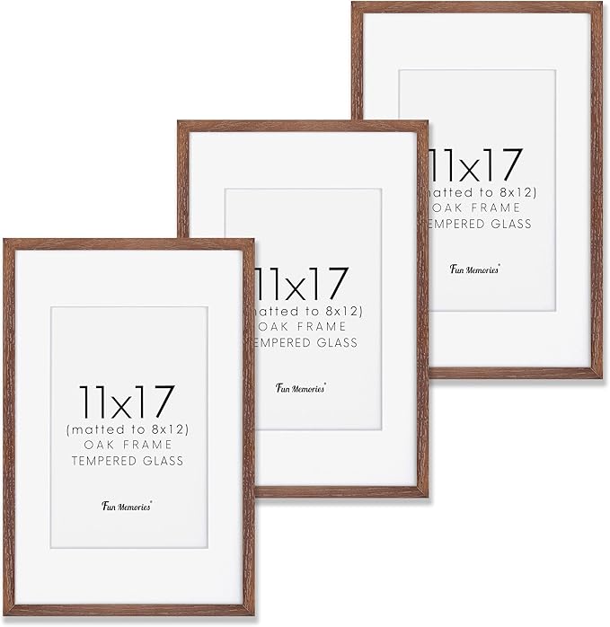 11x17 Picture Frame Set of 3, Solid Oak Wood 11 x 17 Frames with Tempered Glass, 11x17 Frame Matted to 8x12, Rustic Wooden 11 by 17 Poster Frames for Wall