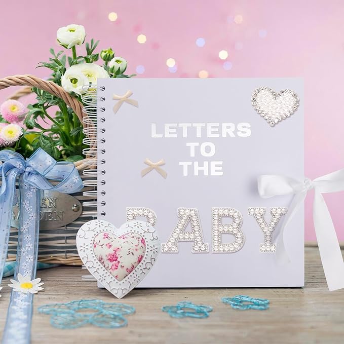 BINBE 8 x 8 Inch Letters to The Baby Scrapbook DIY Blank Paper Album Memory Book for Kids Sign with Pearl Scrapbook Photo Stickers, Metallic Letters, Bows White