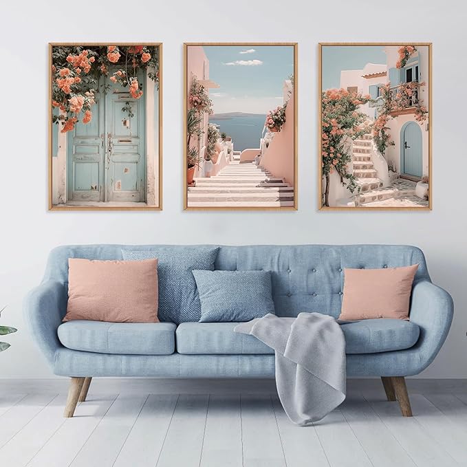 KAIRNE Italy Coast Cityscape Framed Canvas Wall Art Set, Neutral Italian Countryside Wall Decor, Aegean Santorini Landscape Wall Painting, Florida Beach Art Prints for Living Room, Bedroom 16"x24"x3