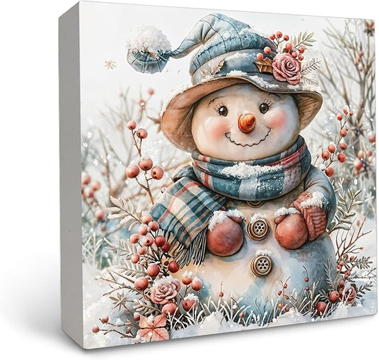 OFlich Pink Floral Snowman Wooden Box Sign, Snowman Christmas Decorations, Cute Christmas Decorations, Christmas Snowman Wood Signs for Home Office Desk Table Shelf Decor, 5x5 Inch