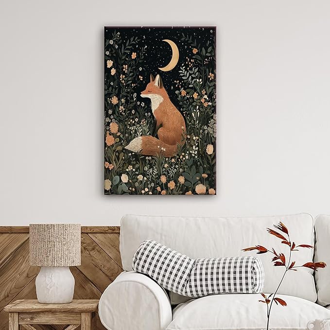 Fairytale Dreamy Fox Wall Art Vintage Moonlit Forest Floral Plant Night Canvas Poster Print Whimsical Nature Aesthetic Picture Decor for Nursery Living Room Bedroom Office 12x16inch Unframed
