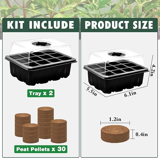 ZeeDix Seed Starter Kit, 2 Pack Seed Starter Trays with 30 PCS Coco Pellets, Base Tray for Indoor Planting, Mini Greenhouse Germination System for Herbs Vegetables Gardening Supplies(24 Cells)