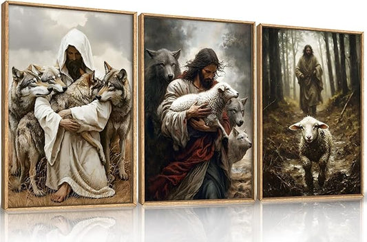KAIRNE Jesus Christian Wall Art Set of 3, Religious Canvas Prints with Lamb & Wolf, Vintage Bible Verse Decor, The Good Shepherd Artwork for Living Room, Bedoom - 24x36 Inches