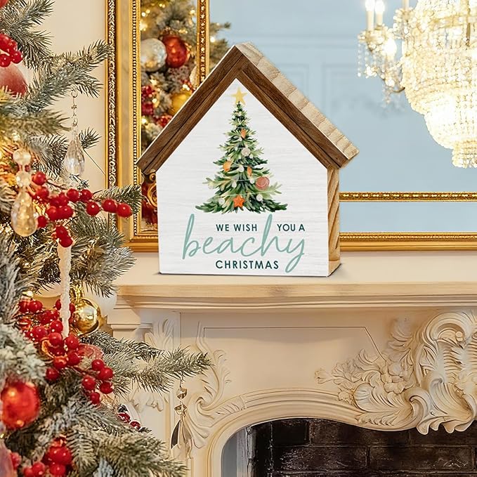 Beach Christmas Decorations, We Wish You a Beachy Christmas House Shaped Wood Sign, Coastal Beachy Xmas Decor for Home