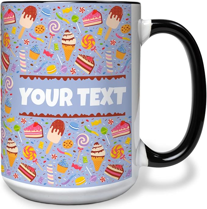 Personalized Mug for Kids - Sweets - Custom Name/Text, Ceramic Hot Chocolate/Cocoa/Coffee Cup for Boys/Girls, Birthday/Christmas/Holiday Gift - 15 oz, White Handle