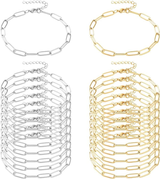 Exway 20 Pcs Paperclip Charm Bracelets Chain 8.0 Inch Stainless Steel Gold and Sliver Chain Bracelets Kit with Lobster Clasps for Crafts DIY Women Jewelry Making